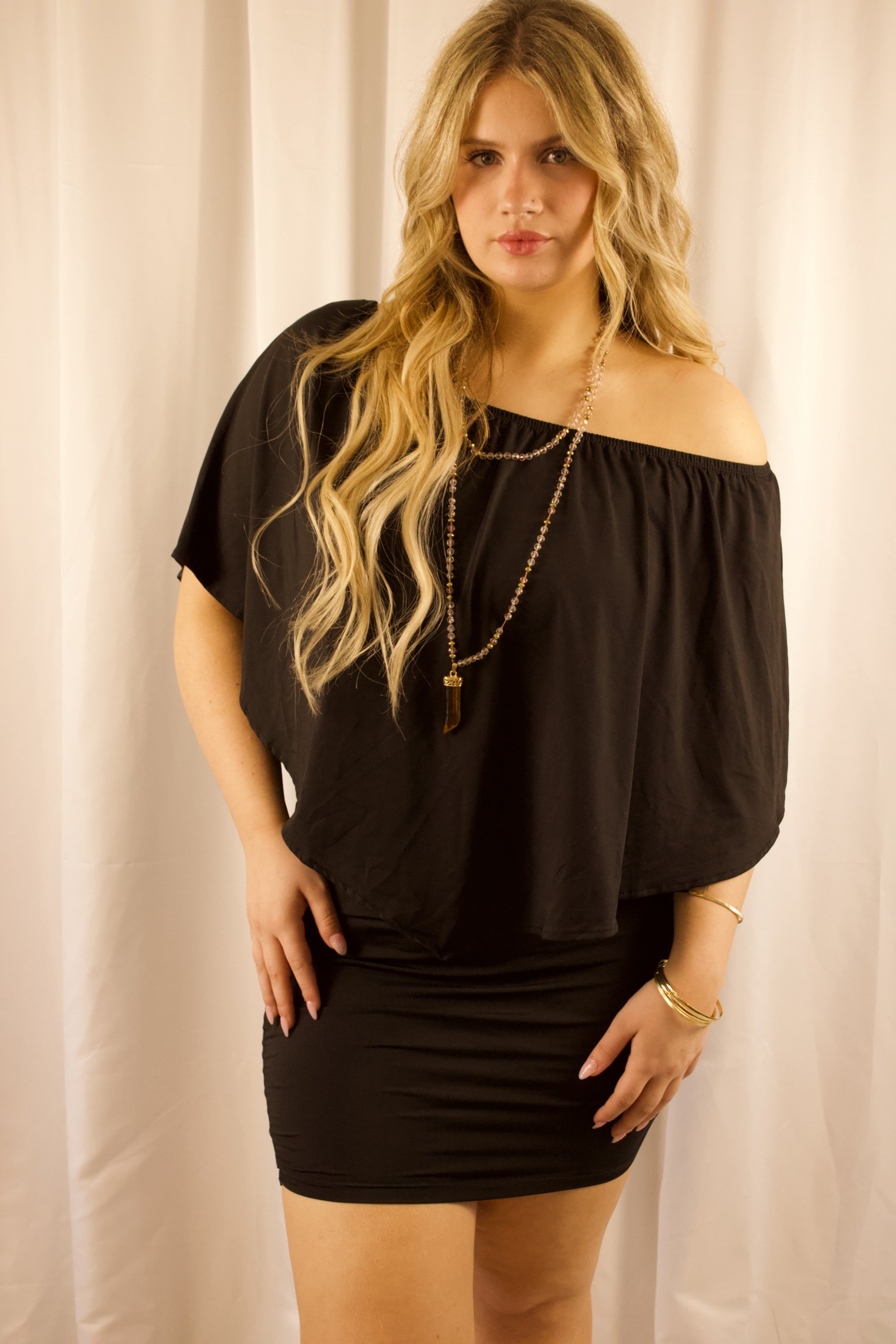 Off-Shoulder Three-Quarter Sleeve Mini Dress