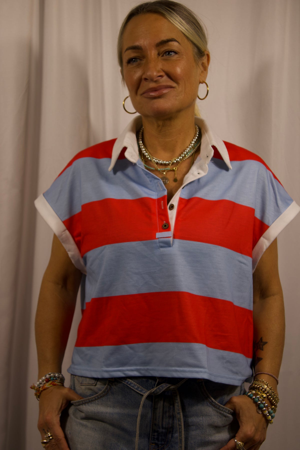 Striped Short Sleeve Cropped Polo Shirt