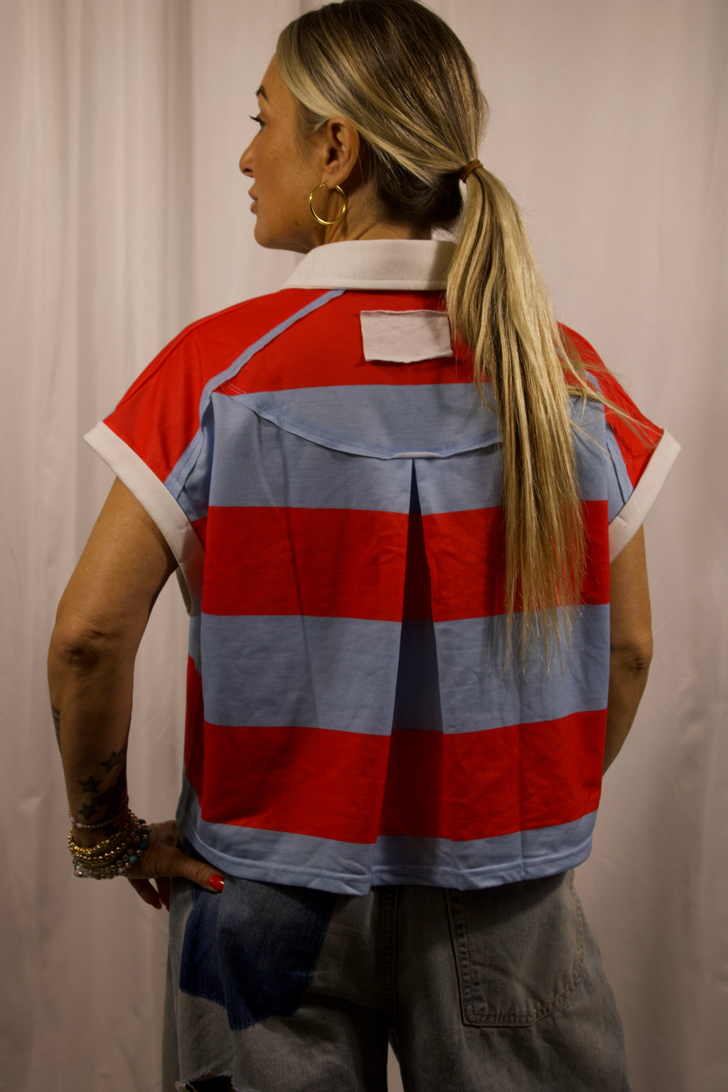 Striped Short Sleeve Cropped Polo Shirt
