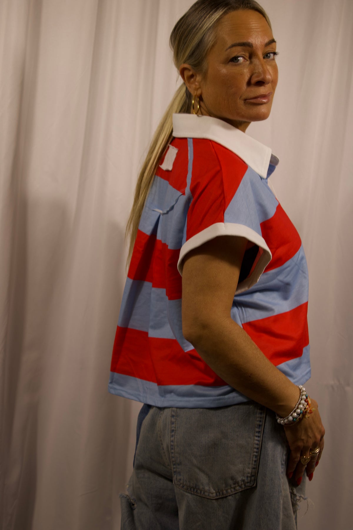 Striped Short Sleeve Cropped Polo Shirt