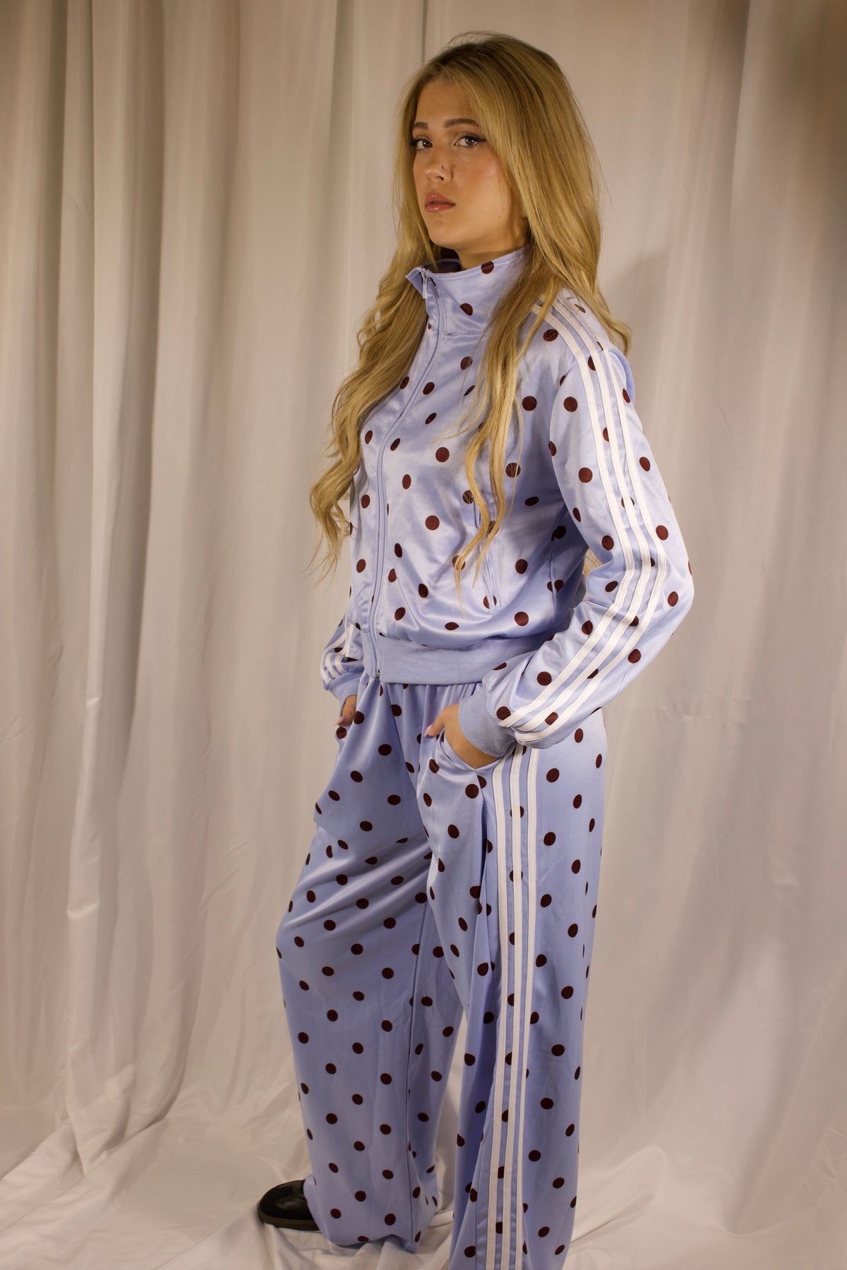 Polka Dot Zip Up Outerwear and Pants Set
