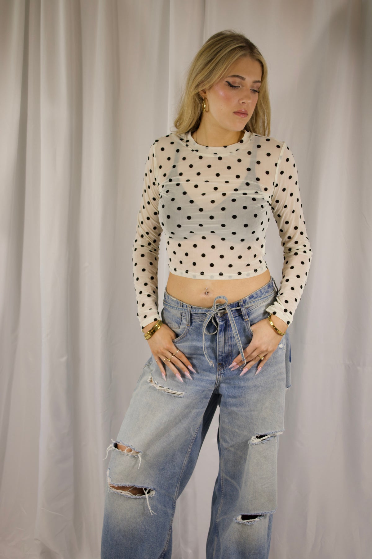 Polka Dot Mesh Long Sleeve Crop Top