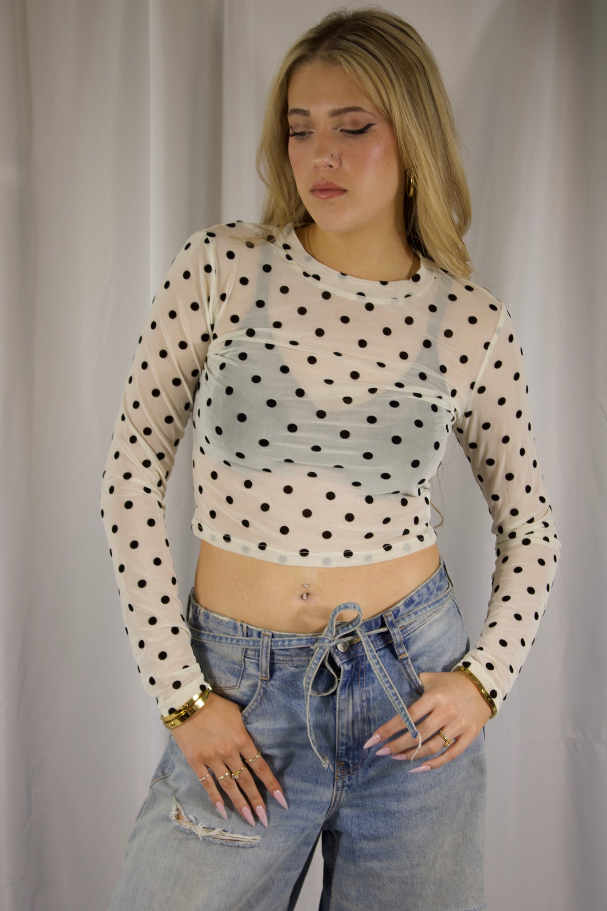 Polka Dot Mesh Long Sleeve Crop Top